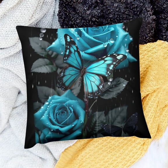 Pratyus Blue Rose Butterfly Raindrop Throw Pillow Cover for Home Sofa Couch Decor Square Cushion Set of 1 Linen 18x18in