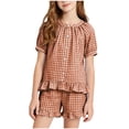 thumbnail image 2 of Amidoa Girls 2 Piece Outfits Summer Clothes Ruffle Sleeve Short Sleeve Cute T-Shirt and Shorts With Pockets Casual Kids Clothing Sets Brown Size 15, 2 of 8