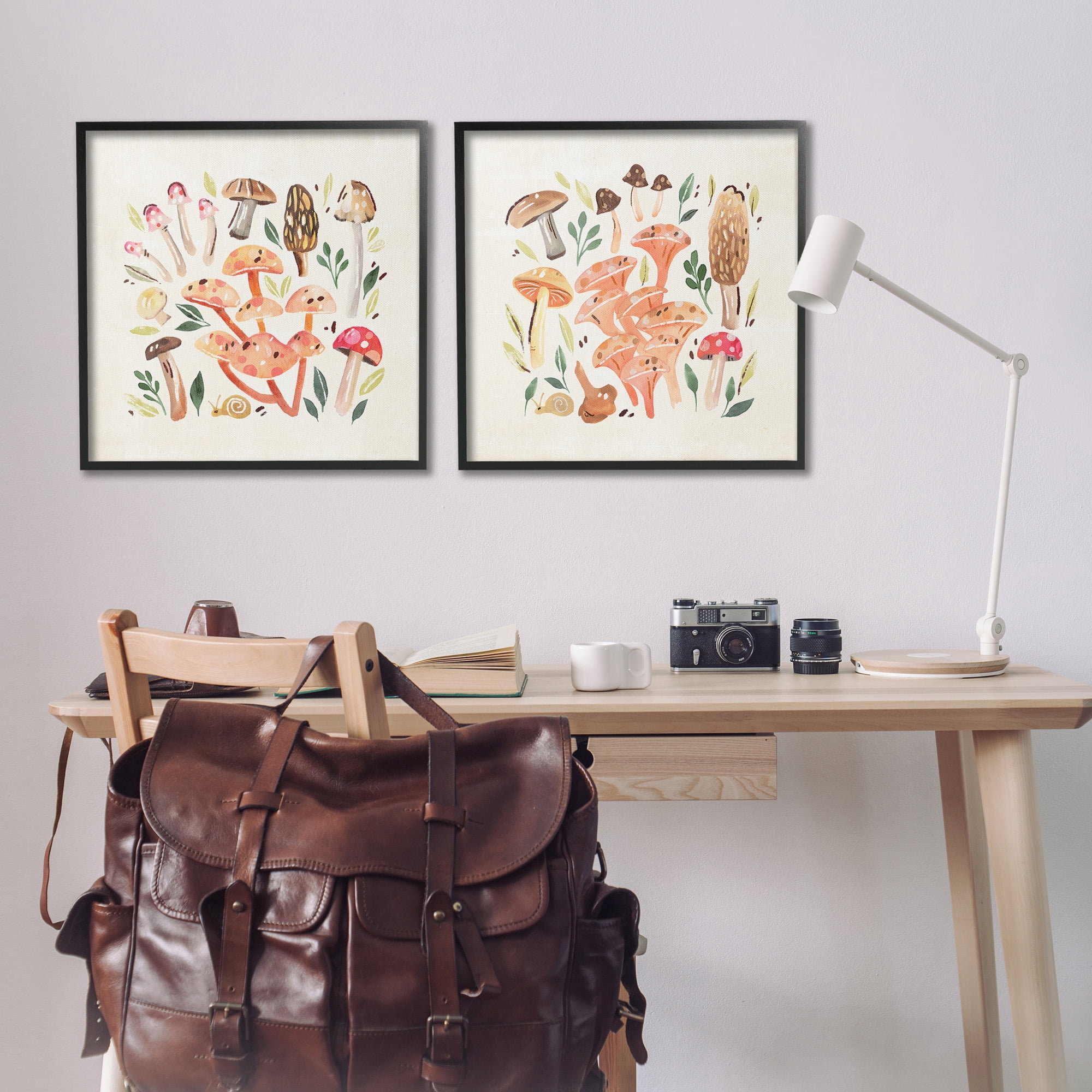 Stupell Industries Mushroom & Leaves Pattern Botanical & Floral Painting Black Framed Art Print Wall Art, 24 x 24, Set of 2