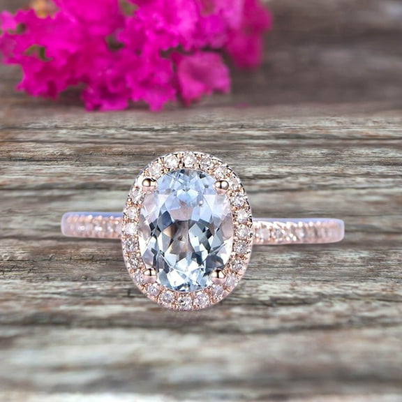 2 Carat 8x6mm Oval Cut Aquamarine Halo Engagement Ring on 10k Rose Gold