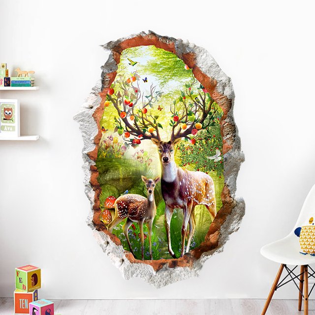 Adhesivos de pared 3D con forma de bosque de ciervos que atraviesan la pared, PVC, 60 x 90 cm