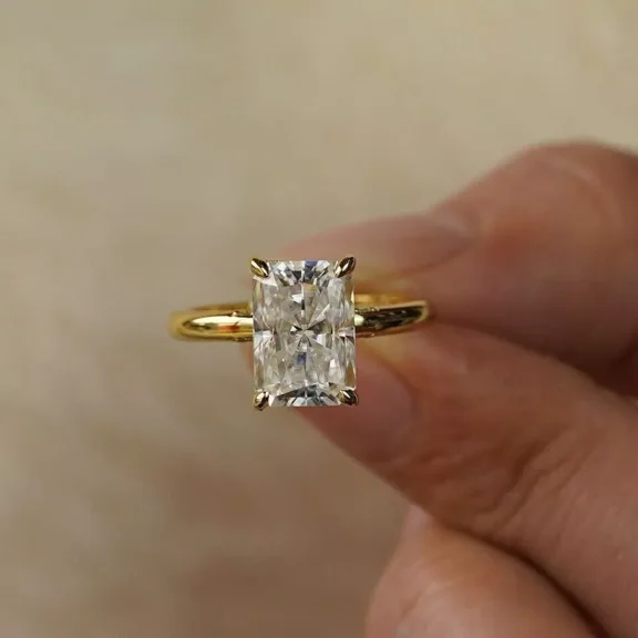 3CT Radiant-Cut VVS1 Moissanite Solitaire Engagement Ring 14K Yellow Gold Plated