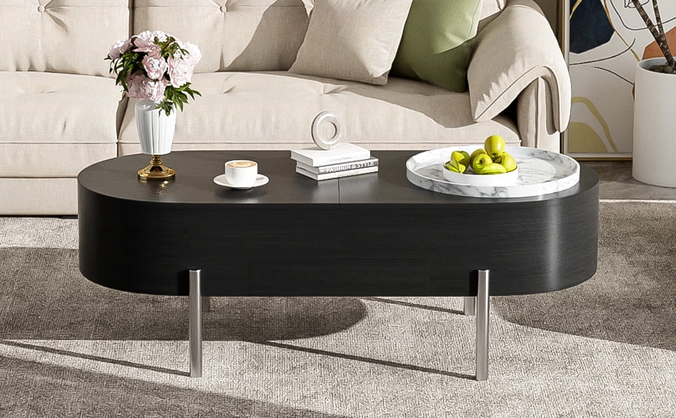 Euroco 47.2''Lift Top Coffee Table with 360-degree Marble-patterned rotating tray,Hidden Compartment, Partially Assembled Wooden Center Table, Modern Oval Lift Tabletop