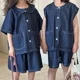 thumbnail image 4 of Conjunto de ropa vaquera de verano para niños de 1 a 8 años, chaleco holgado y pantalones cortos, 2 uds., camisa con cuello Peter Pan, traje para hermanos, 4 of 6