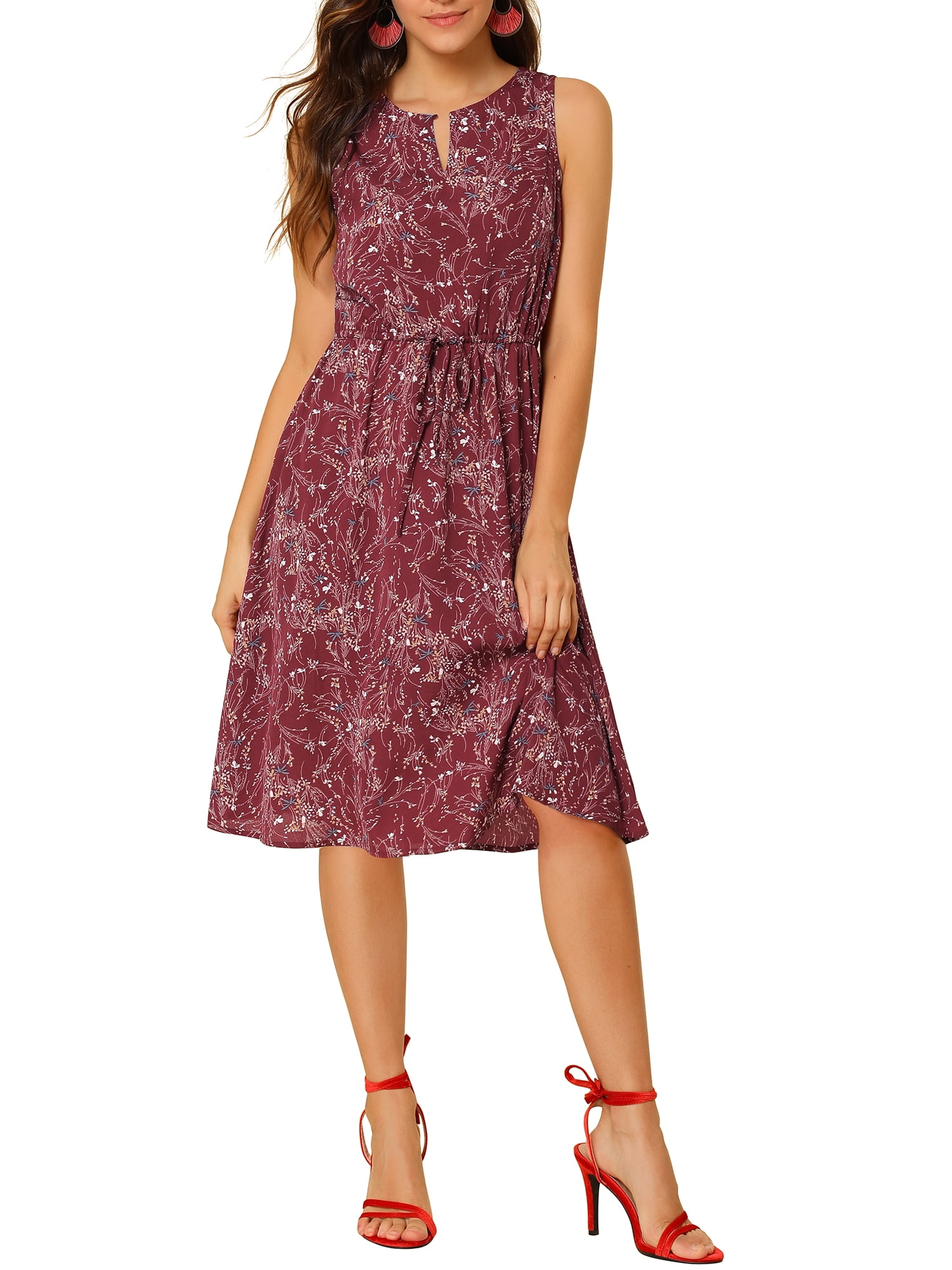 DARING DIVA Floral Sleeveless Drawstring Waist A-Line Dress XL Burgundy