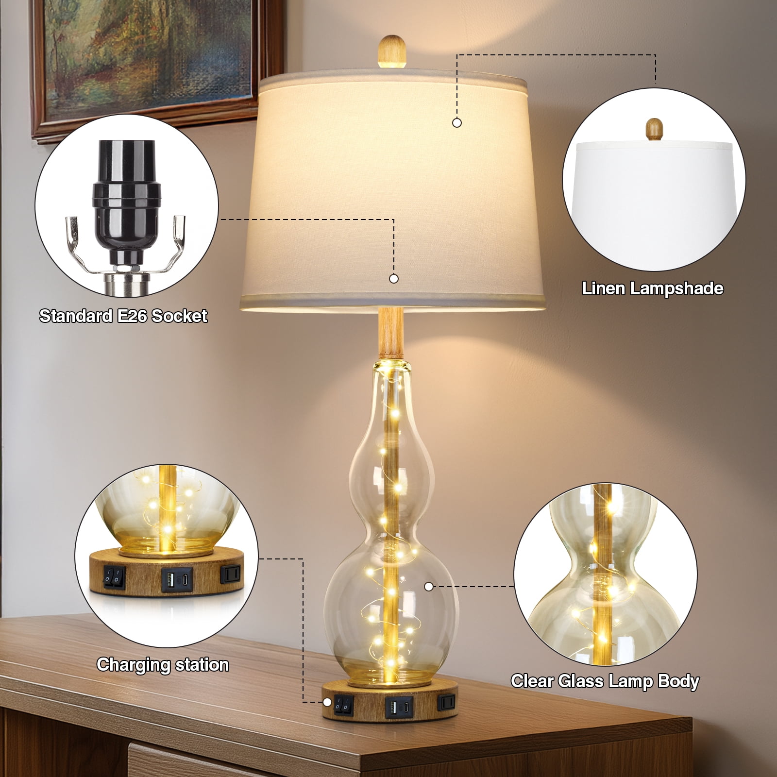 Lolikit Table Lamps Set of 2, Modern Nightstand Bedside Lamp for Bedroom Living Room with USB C+A Ports & AC outlet,Bulbs Included