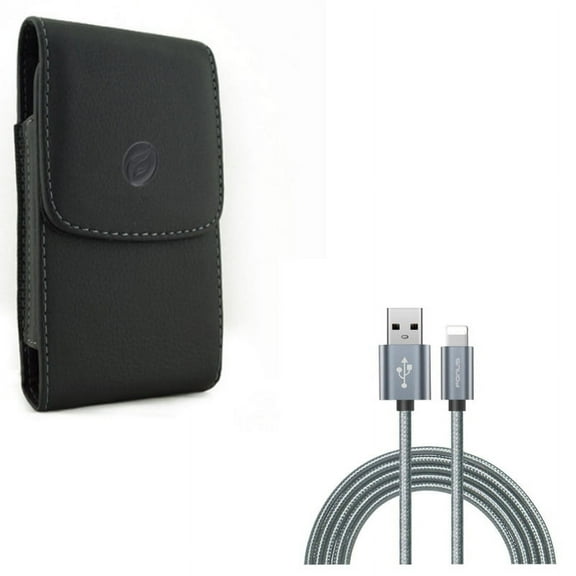 Black PU Leather Case Side Cover Protective Pouch w Gray 6ft Long Durable Braided USB Cable Charger Power Sync Wire Data Cord G5R Compatible With iPhone XS X 8 7 6S 6 11 Pro