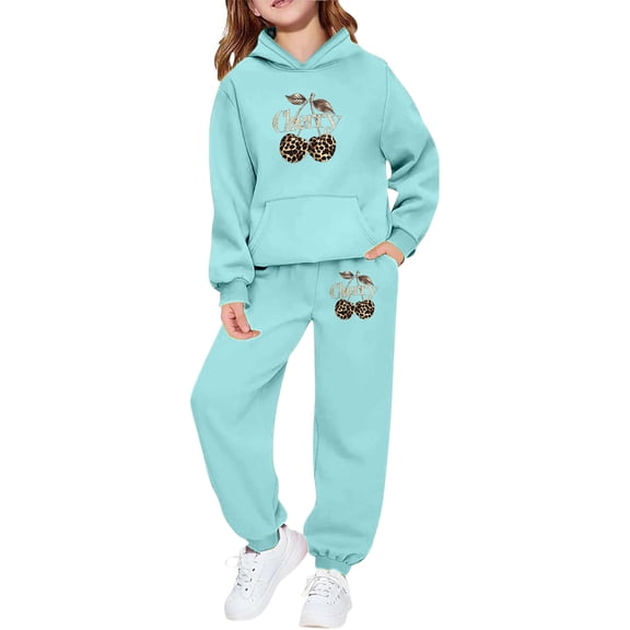Girls Joggers - Girls Hooded Tracksuit Leopard Print Cherry Design Pullover Joggers Casual Outfit Kids (Mint Green,10-11 Years)