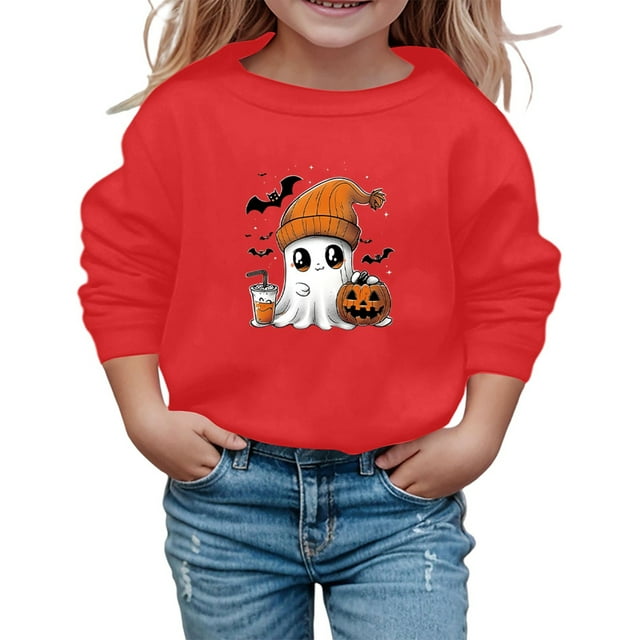 Chandail d'Halloween pour Filles à Imprimé Mignon, Manches Longues, Col Rond, Chandail Décontracté pour Enfants, Haut pour l'Automne et l'Hiver, Sortie Scolaire, Confortable, Doux, Mélange