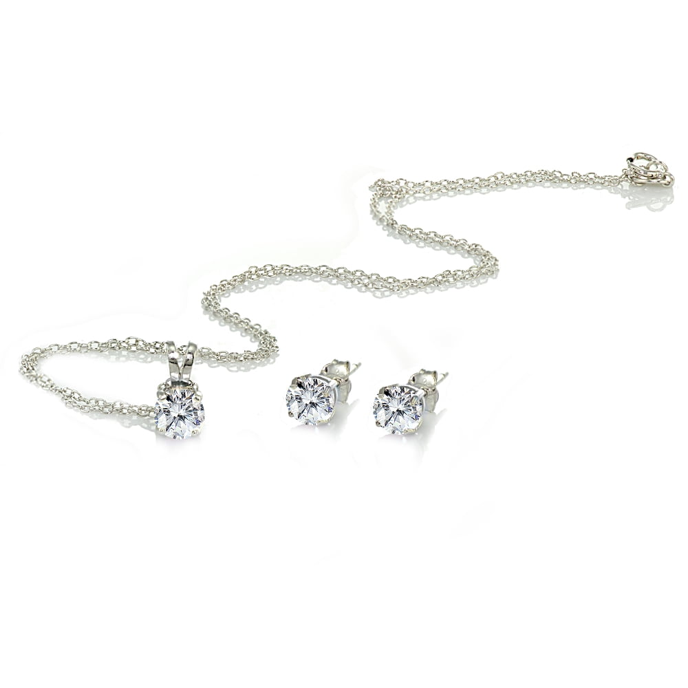 Sterling Silver Cubic Zirconia 5mm Round Pendant Necklace and Stud Earrings Set