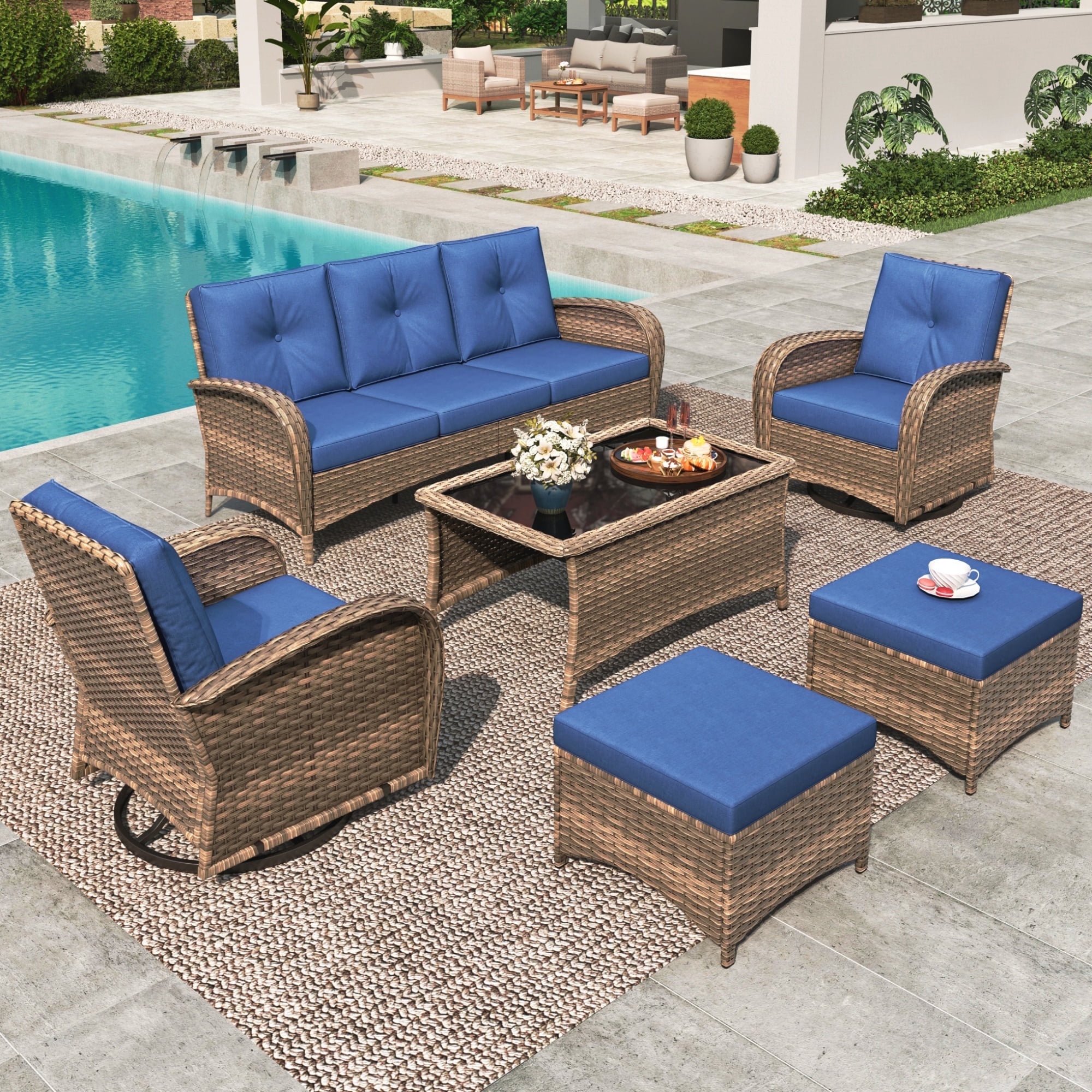 SUMMIT LIVING 7-Seat Wicker Outdoor Patio Furniture Set with 2 Swivel Glider Rocking Chairs, 3-Seat Sofa, 2 Ottomans & Glass Top Coffee Table, 6-Piece Outdoor Patio Conversation Set, Navy Blue