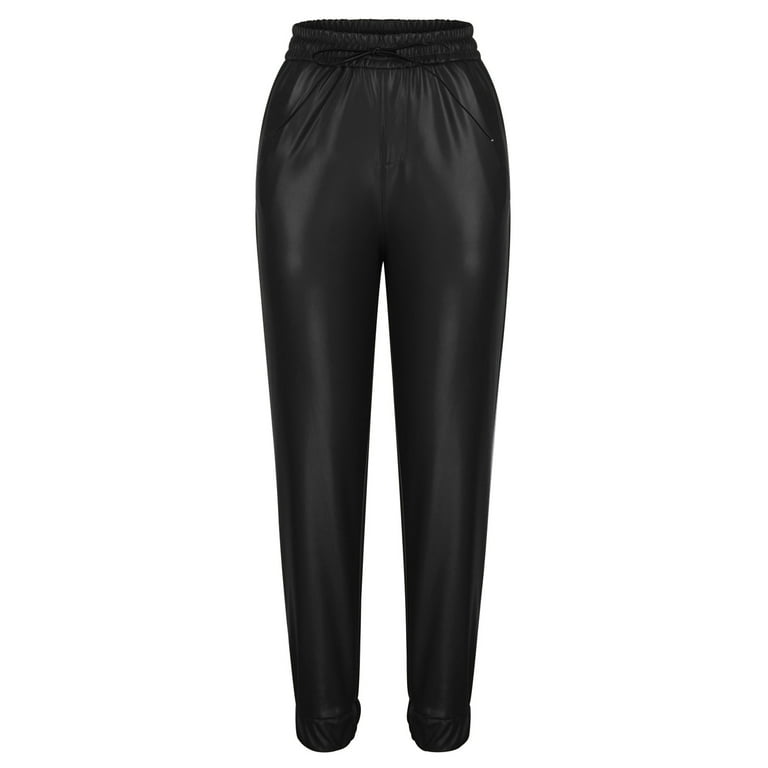 JWZUY Womens Solid Faux Leather Sweatpants Ankle Length Drawstrijg Elastic  Waist Pant PU Jogger Pants Black XXL
