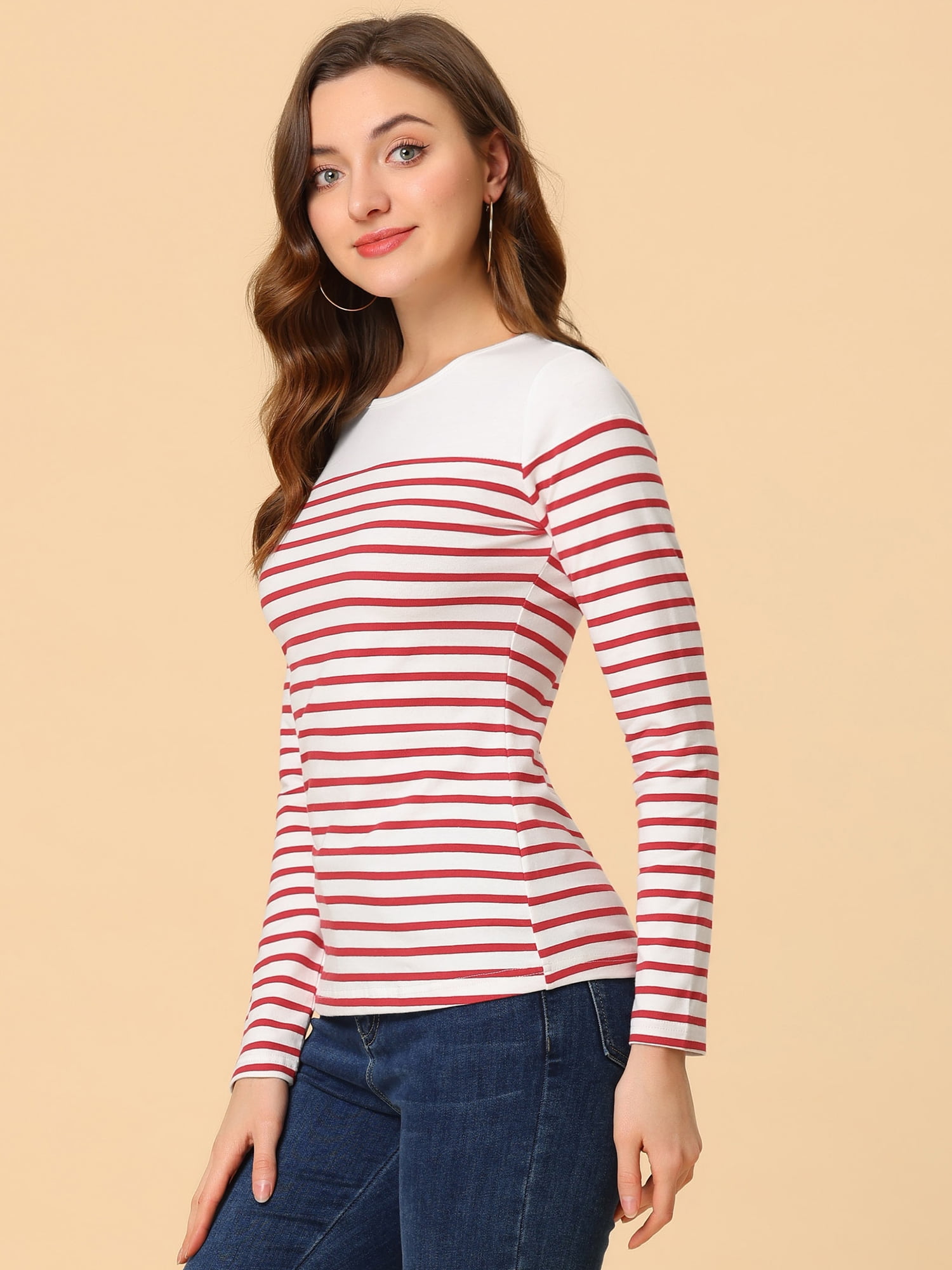 DARING DIVA Women's Color Block Striped Knit Top Long Sleeves T-Shirt M White Red