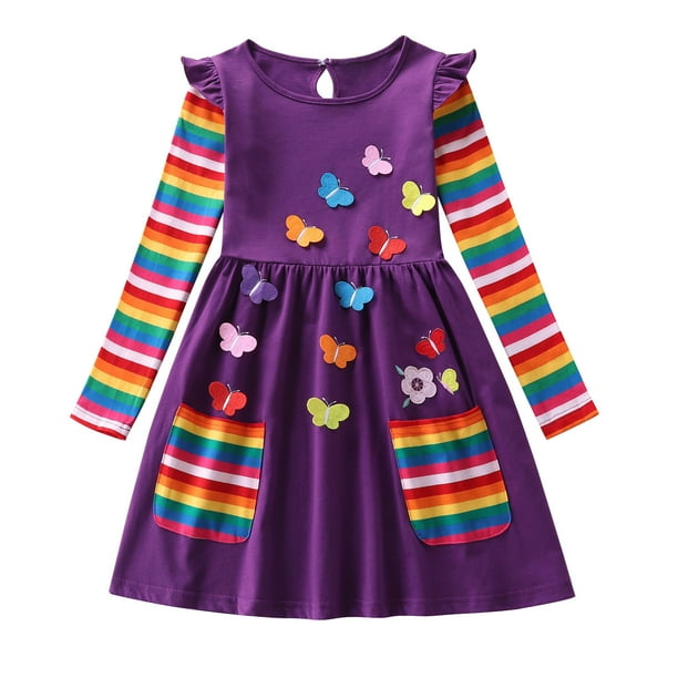 Odeerbi Niñas de Manga Larga Del Arco Iris A Rayas Vestido de Algodón Vestido de Línea A Niños Empalme de Color de Impresión Vestido