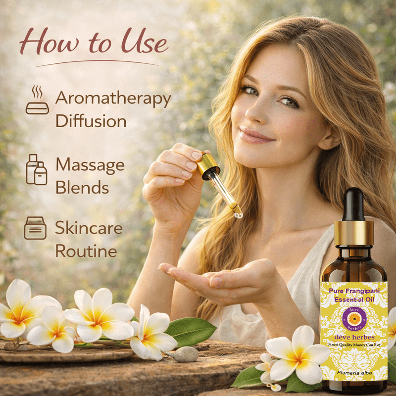 Deve Herbes Pure Frangipani Essential Oil (Plumeria alba) Steam Distilled, Natural & Aromatherapy Use 15ml with Glass Dropper