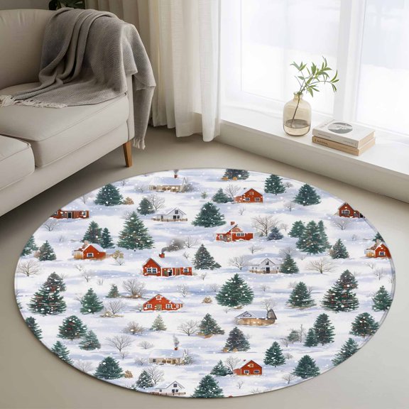Round Rugs 4Ft, Farmhouse Christmas Round Area Rug Washable Indoor Throw Carpet, Green Xmas Tree Snowflake Soft Non Slip Circle Rug for Kitchen Nursery Room Home Decor Aesthetic