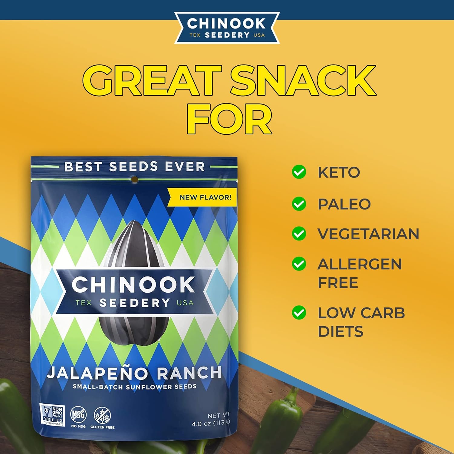 Chinook Seedery Sunflower Seeds - 36-Pack - 1.5oz - Jalapeno Ranch - Gluten-Free Keto Snacks