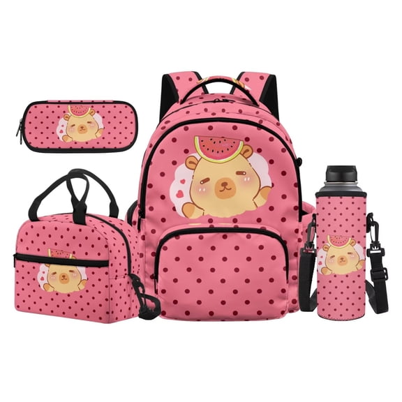 KUIFORTI Watermelon Capybara Boys School Bag Set 4 piece with Lunch Box Pencil Case Water Bottle Sleeve for Elementary Primary Middle School Students