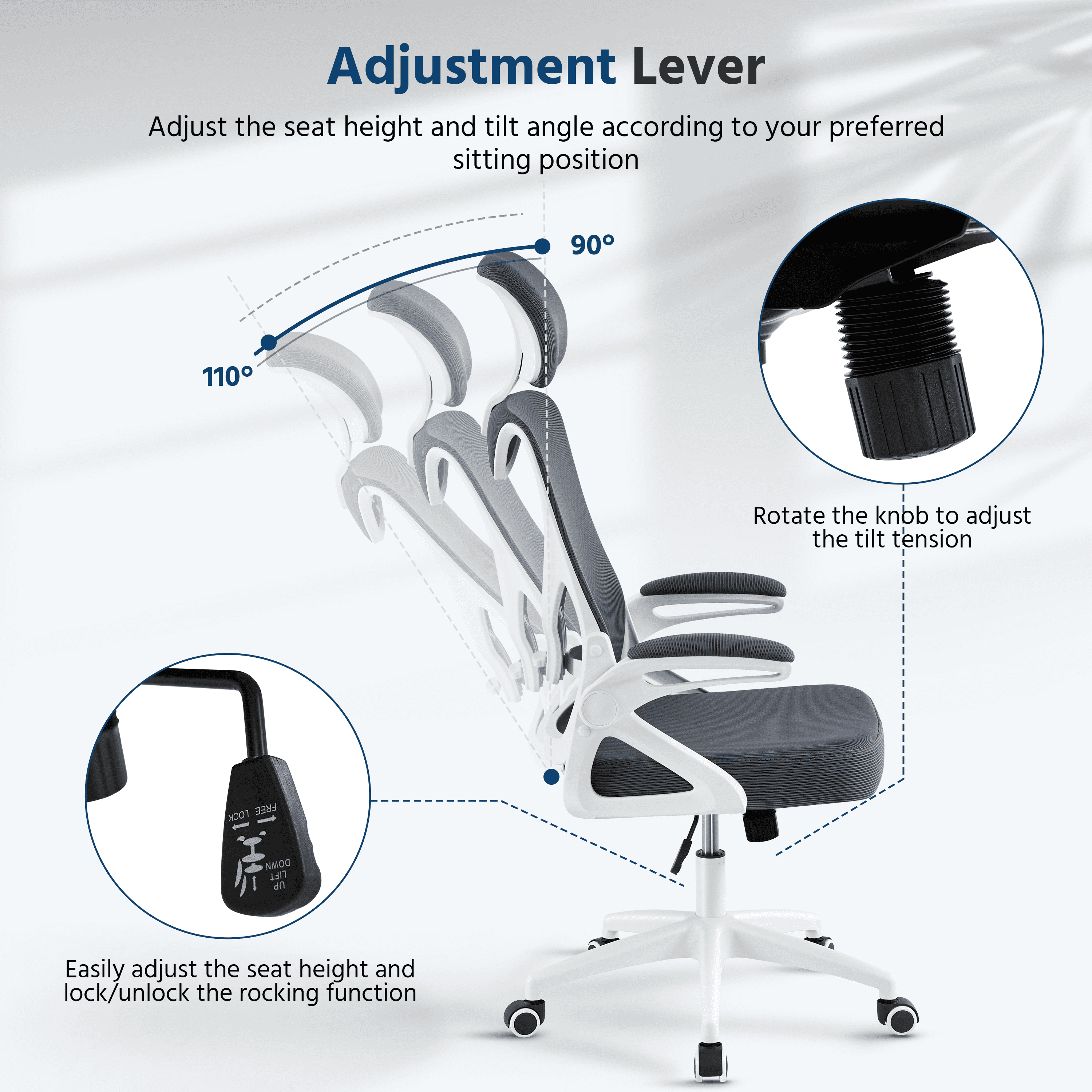 Alden Design High Back Ergonomic Mesh Office Chair with Adjustable Padded Headrest, White/Gray