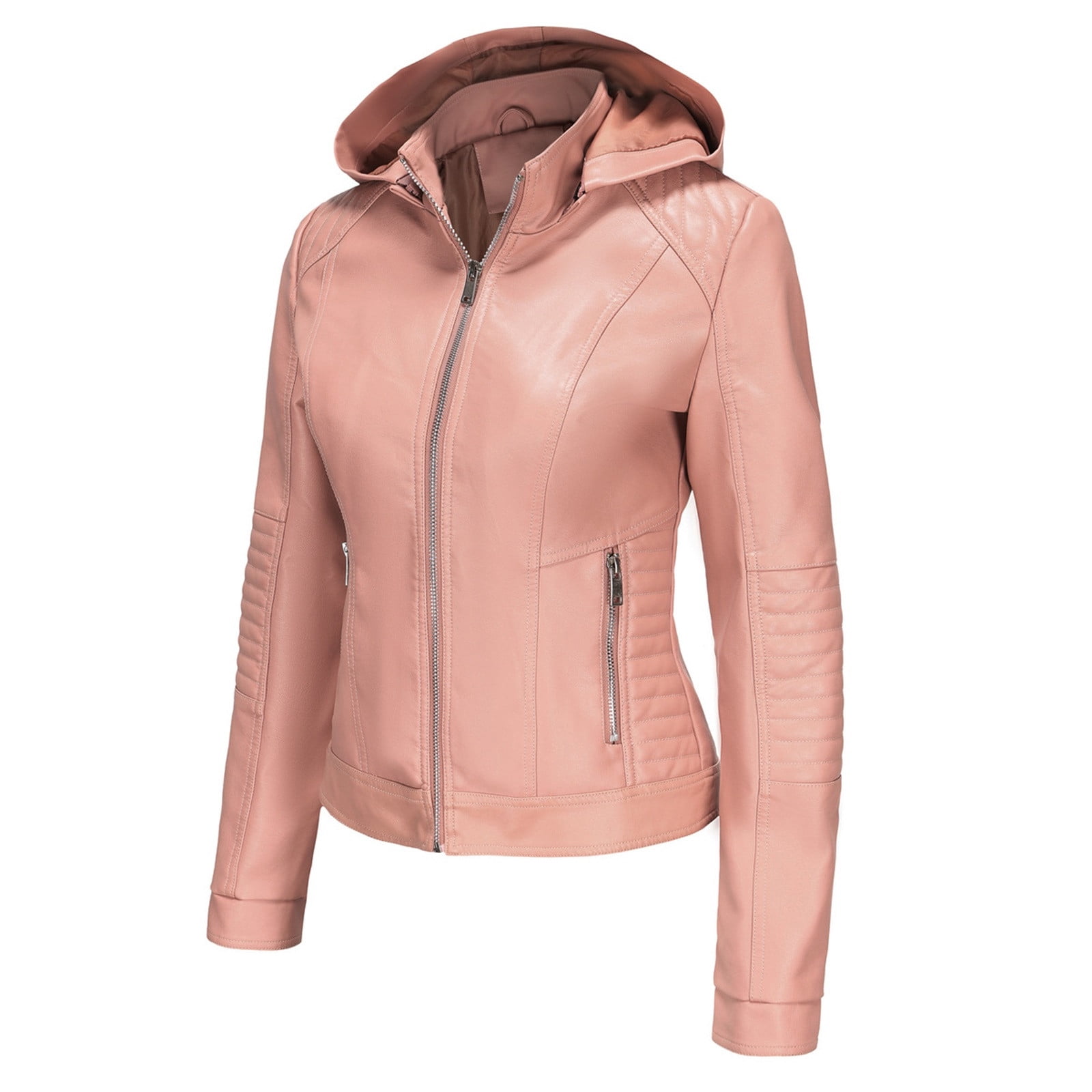 IROINNID Women's Faux Leather Jacket Long Sleeve Front Zip Pocket Biker Moto Jacket,Pink
