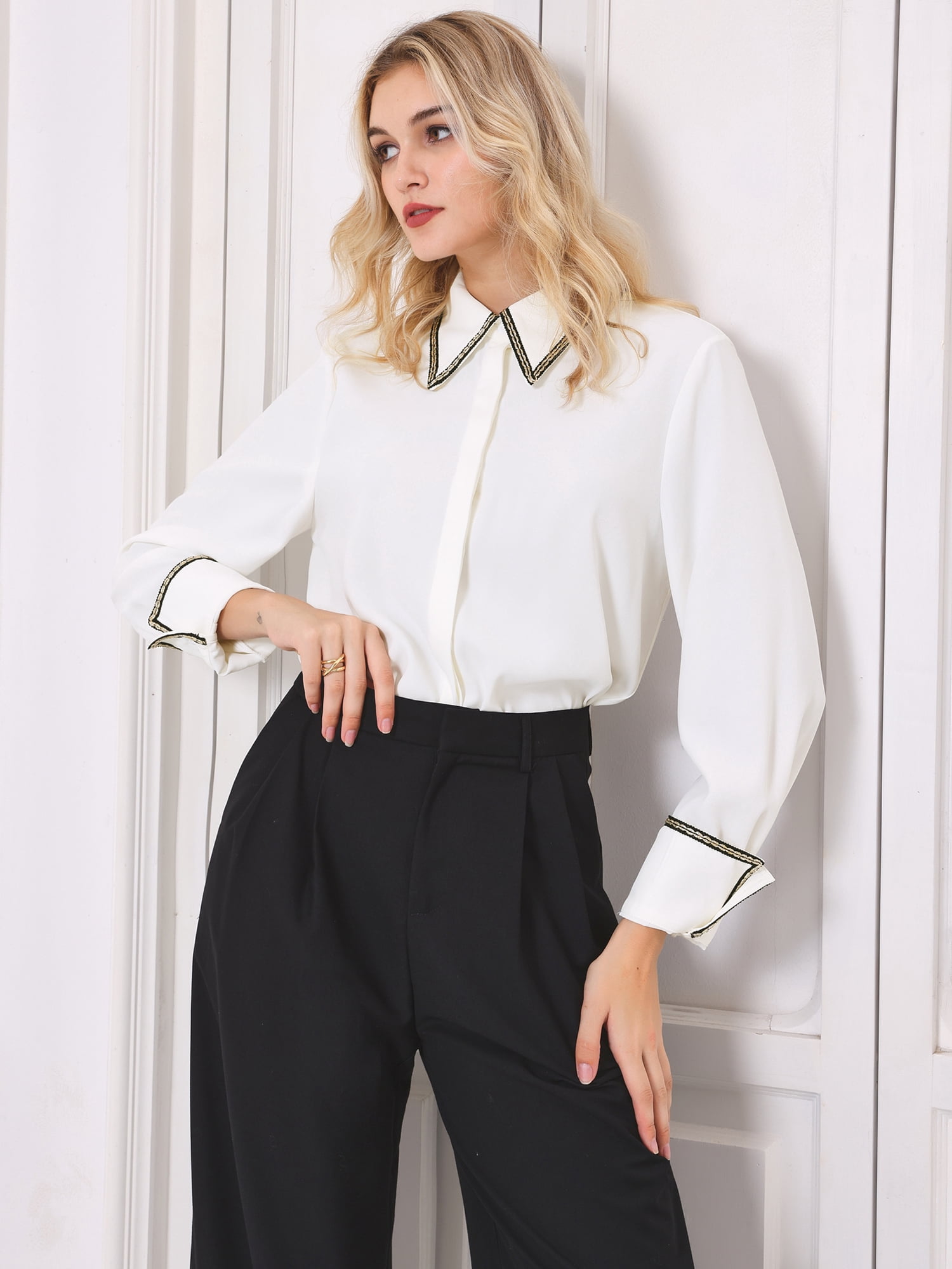 DARING DIVA Women's Button Down Shirt Tweed Trim Formal Work Blouse Top XL White