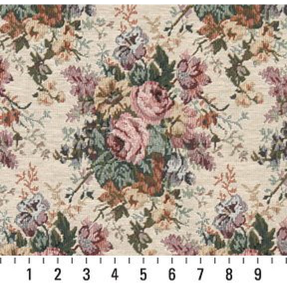 H120 Pink Green and Burgundy Floral Bouquet Tapestry Upholstery Fabric by The Yard