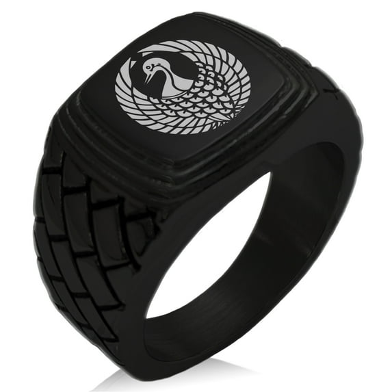 Stainless Steel Rokkaku Samurai Crest Geometric Pattern Step-Down Biker Style Polished Ring