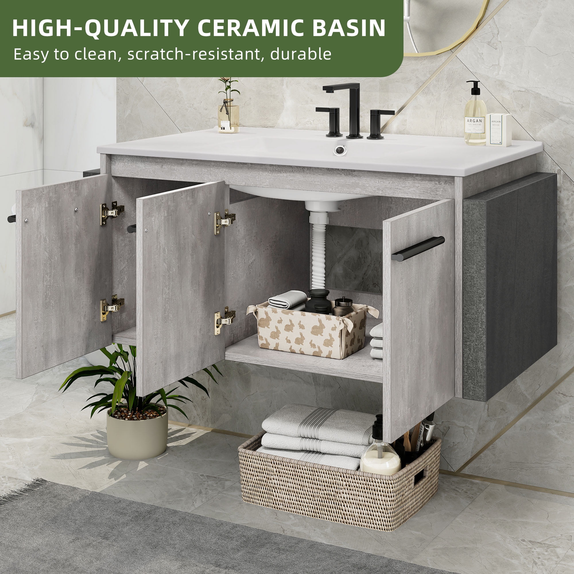 Uforic 36" Inch Wall Mounted Bathroom Vanity with Sink, Modern Floating Bathroom Sink Storge Cabinet , Gray