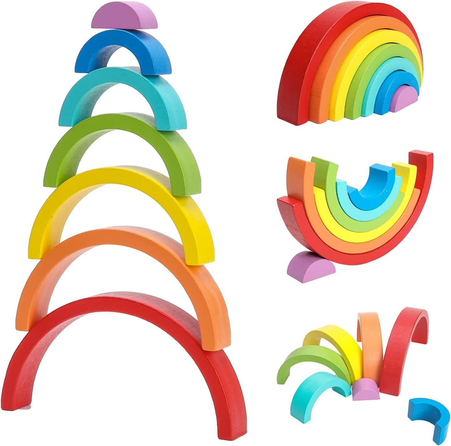 Wooden Rainbow Stacking Toy, Small Wooden Rainbow Stacker, 7pcs