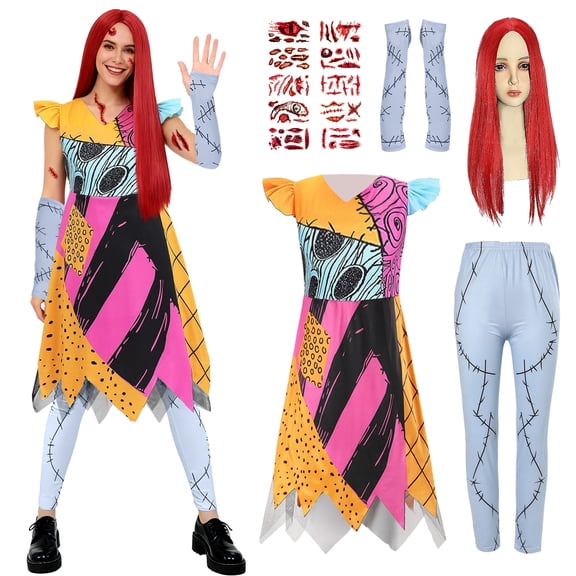 BUXULYP Sally Costume for Adults Women Christmas Nightmare Sally Dress Wig Pants Accessories Halloween Cosplay Outfit