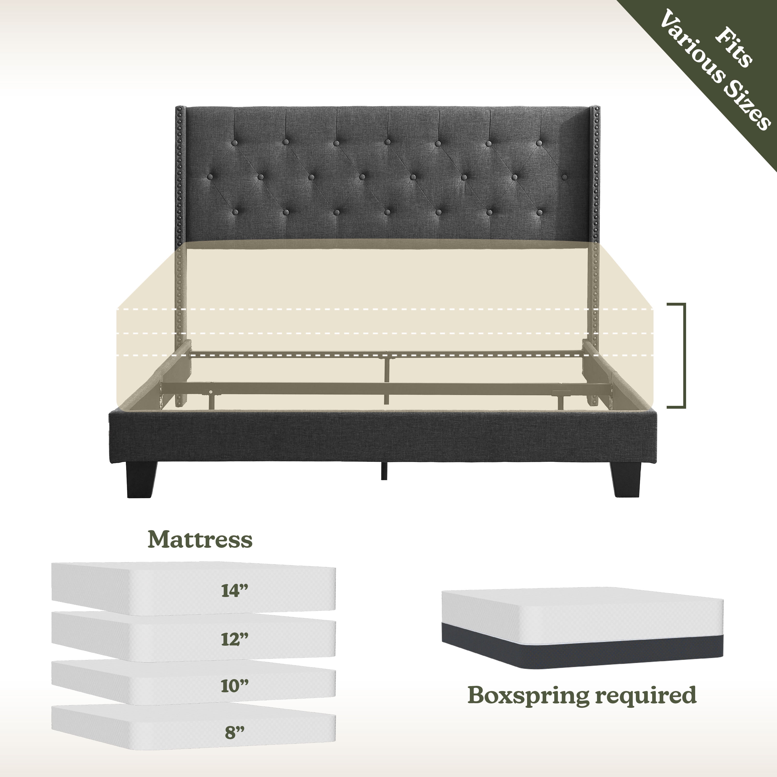 Lammaloe King Size Platform Bed Frame with Wingback Diamond Upholstered Headboard, Grey, King