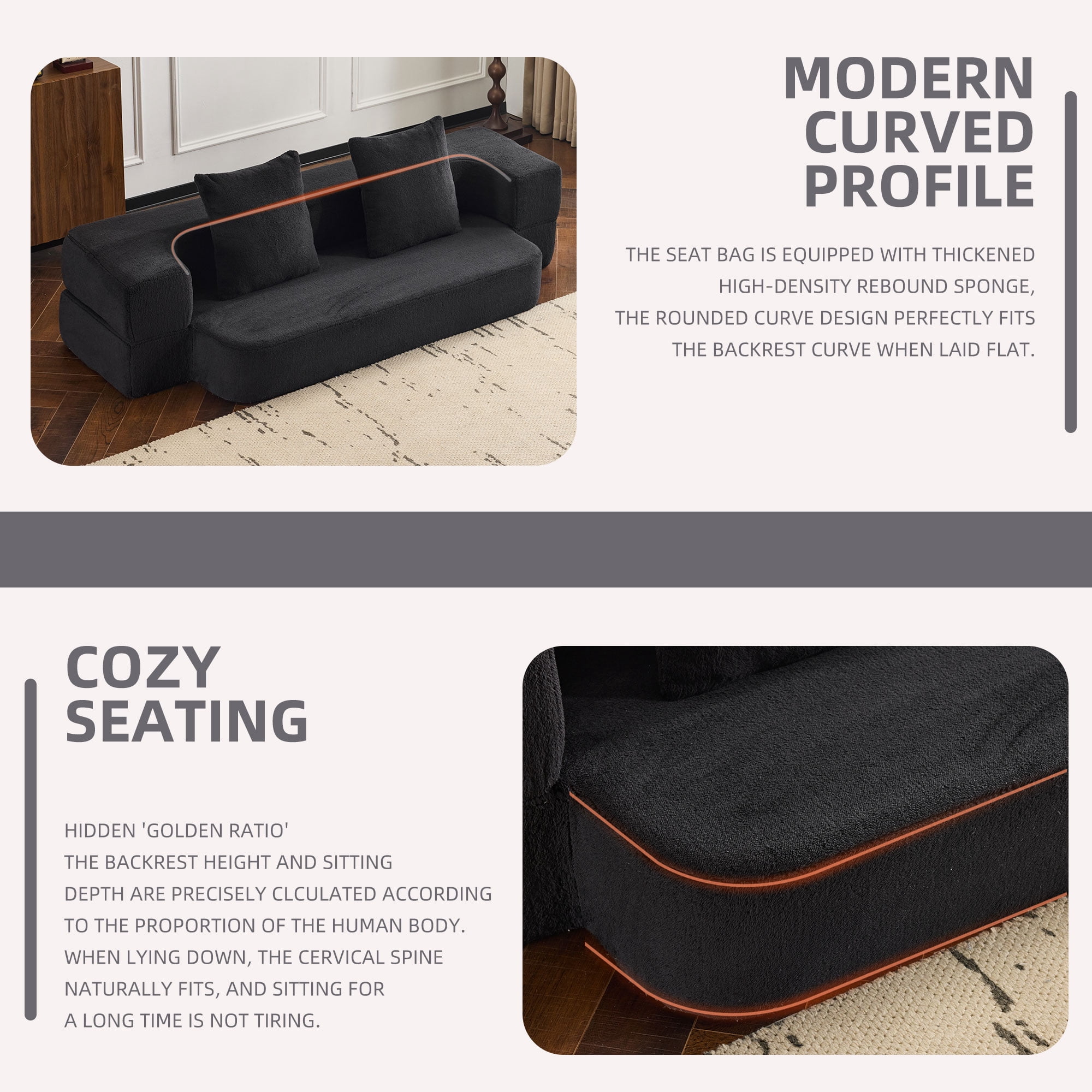 Jopath 75'' Futon Sofa Bed, Foldable Mattress Sofa Couch with Pillow Back & Armrest, Faux Fur Floor Couch Lounge Sleeper Sofa Bed for Living Room/Bedroom,No Assembly Required,Black