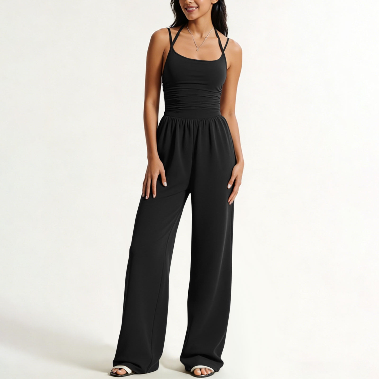 Dazajoo Women's Date Night Rompers Spaghetti Strap Wide Leg One Piece Jumpsuits Ruched Sleeveless High Waisted Jumpsuit,Black,M