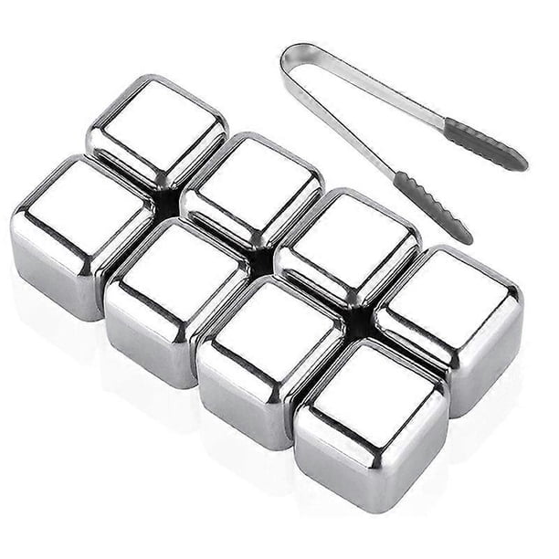 Stainless Steel Frozen Ice Cubes, Set of 8 Whiskey Stones + Clip, Food Grade Reusable Stainless Steel Ice Cubes, For Whiskey, Wine, Beverage Juice or