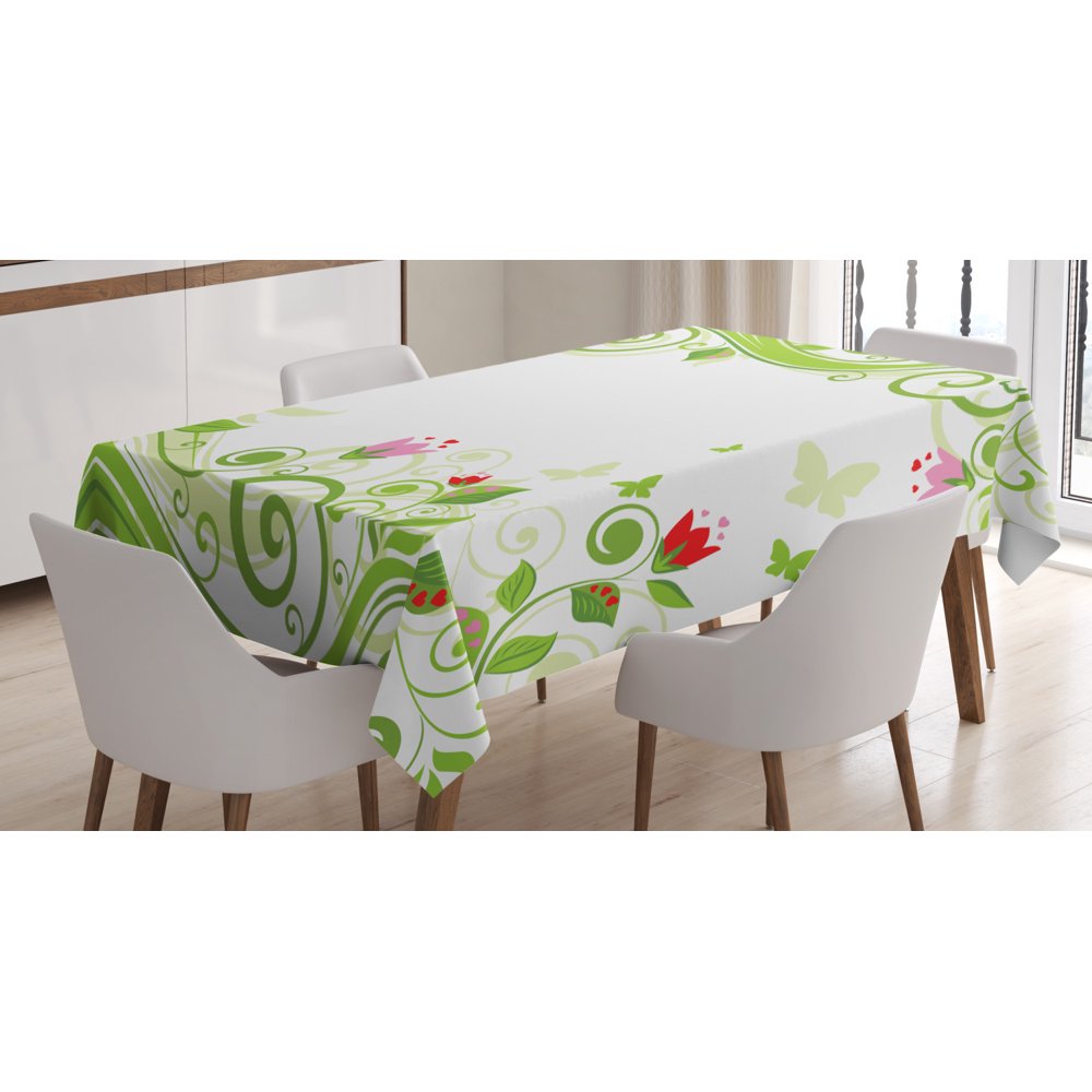 Green Flower Tablecloth, Blossoming Abstract Elements Swirls Springtime