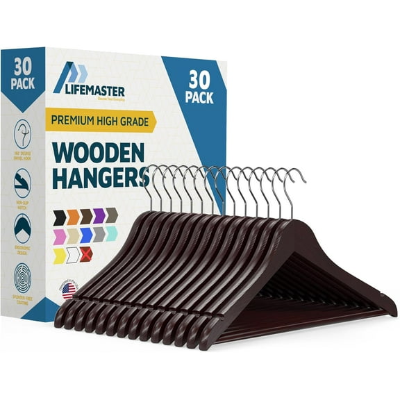 Lifemaster Wooden Hanger Set, 30-Pack – Non-Slip, Space-Saving Hangers for Suits, Coats, Jackets, Pants & Dresses with 360° Swivel Hooks, Cherry