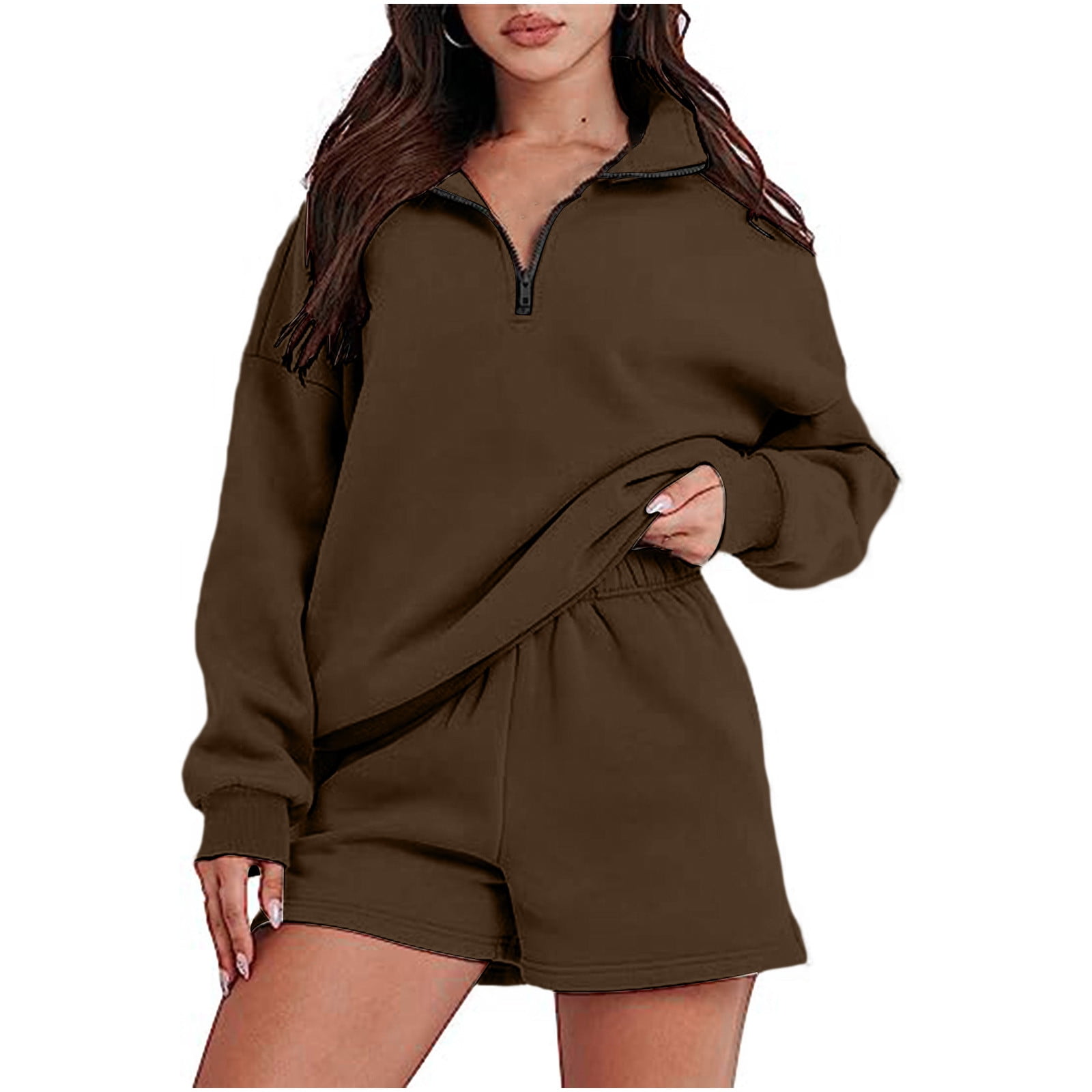 HTNBO Womens Short Sets for Fall Winter Long Sleeve Casual Shorts