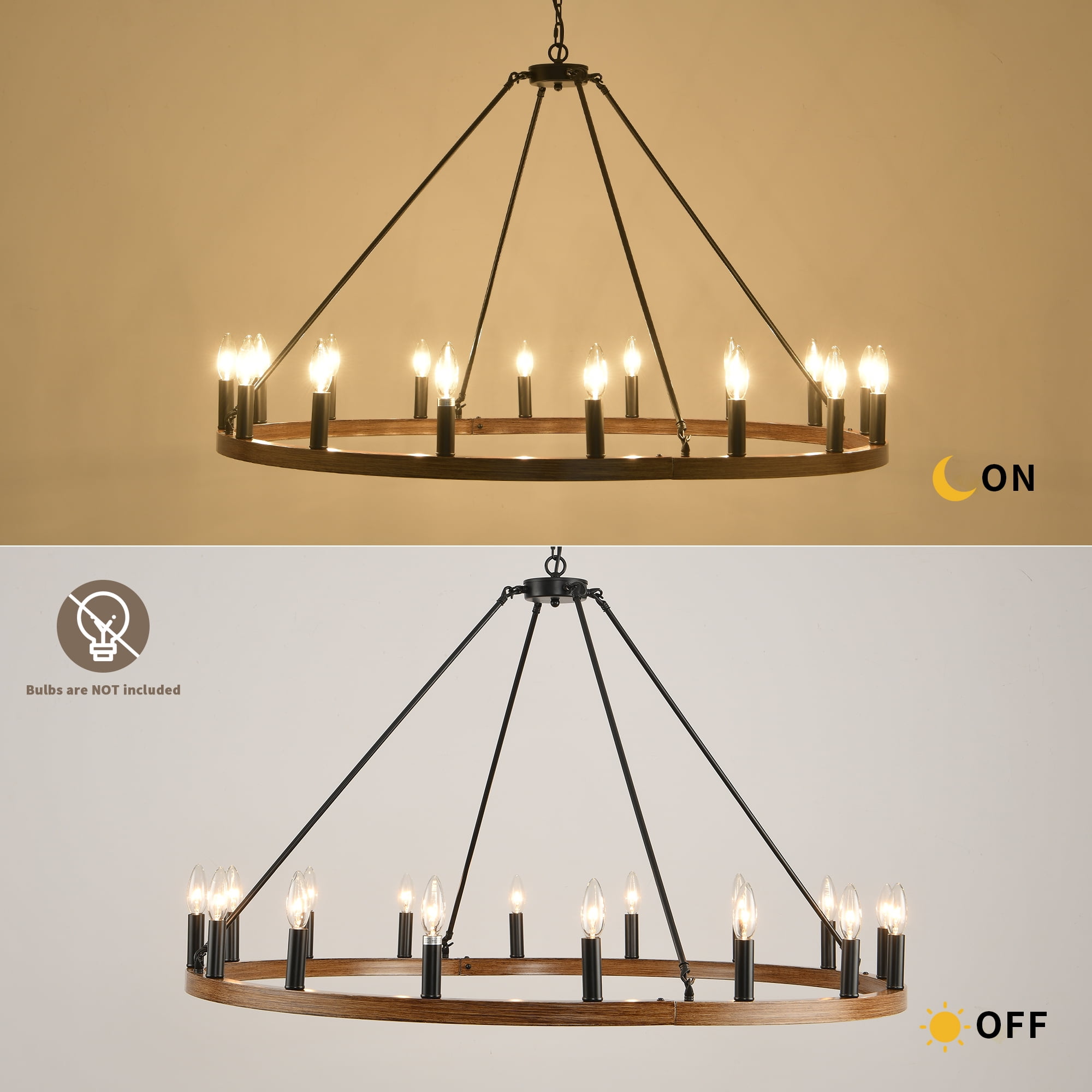 Magic Home 16-Light Big Wagon Wheel Chandelier,Modern Farmhouse Large Light Fixtures Large Round Chandelier,Round Kitchen Island Light,walnut color frame + black lamp head