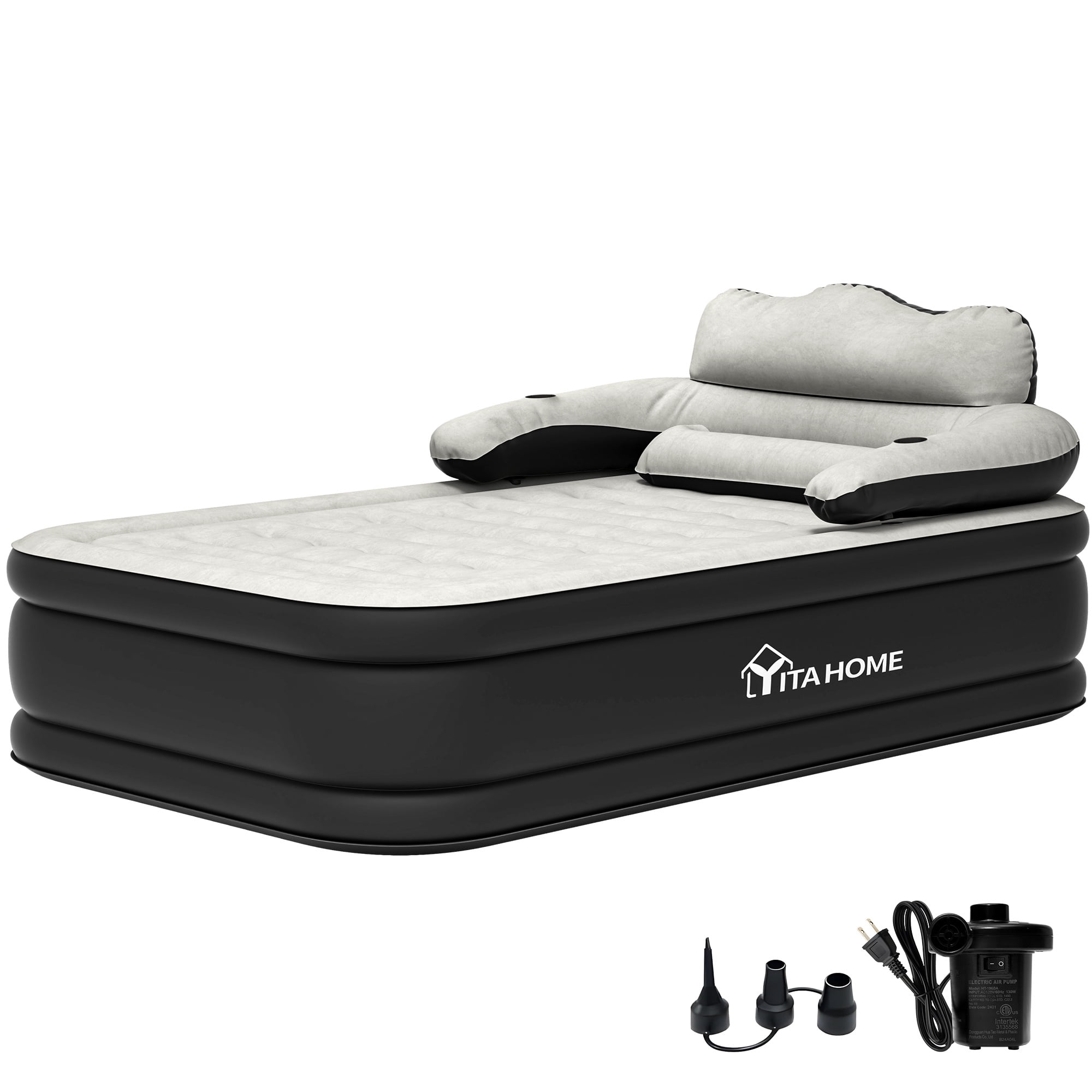 Uforic Full XL Air Mattress with Headboard, 18 Inch Inflatable Bed with Pillow & Removable Electric Pump, Portable Airbed for Camping Home Use, Black