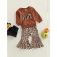 thumbnail image 3 of Wassery Kid Girls Autumn Pullover Sweatshirt Outfits Set 6M 12M 18M 24M 3T 4T Toddler Long Sleeve Round Neck Letters Print Loose Tops + Long Leopard Bell-Bottoms Trousers Baby Girls Clothes, 3 of 9