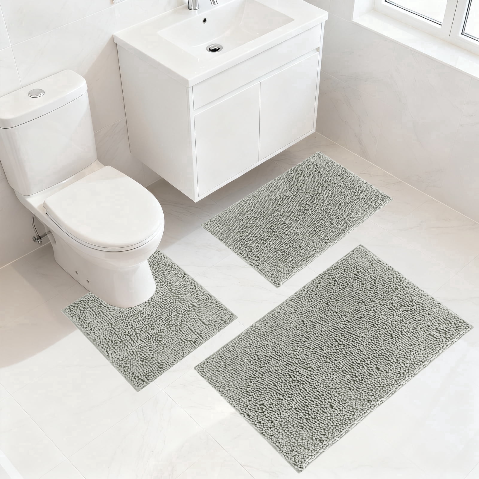 3 Pieces Bath Mat Set, Soft Chenille Bathroom Rugs Mat, Absorbent Spa Shaggy Bath Rugs Set, Machine Washable & Non Slip Bath Mats for Bathroom, Tub, Shower（Grey）