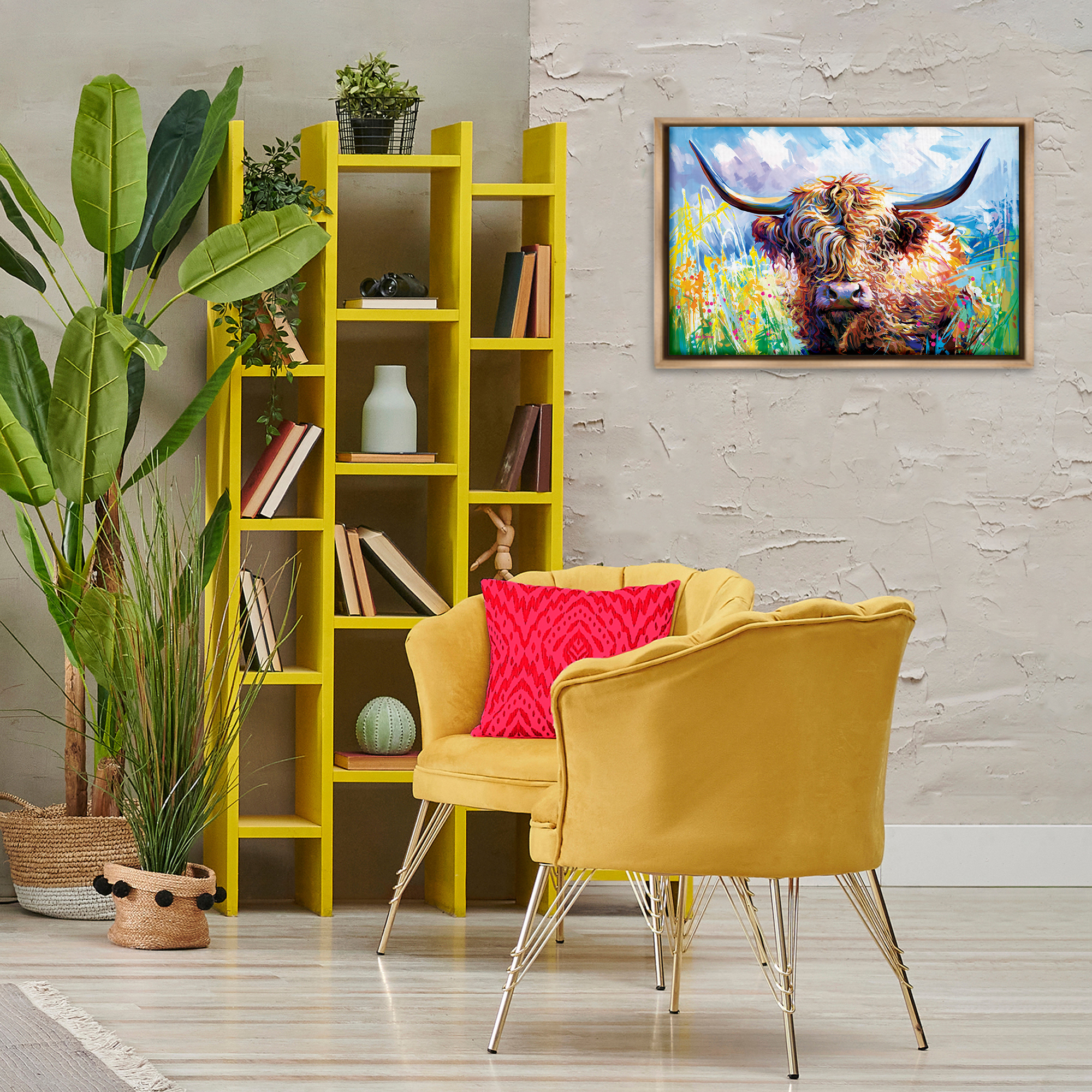 Stupell Industries Long Haired Highland Cattle Animals & Insects Painting Brown Floater Framed Canvas Art Print Wall Art, 25 x 17