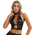 thumbnail image 2 of YONGHS Women's Lace Up Sleeveless Crop Top Camisole Vest Shiny PVC Leather Fitted Tanks Black XL, 2 of 7
