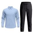 thumbnail image 5 of CONZONE Mens 2 Peice Cotton Linen Set Summer Outfits for Men Solid Color Long Sleeve Buttons Shirts Pants Cozy Lightweight Beach Jogging Tracksuit, 5 of 6