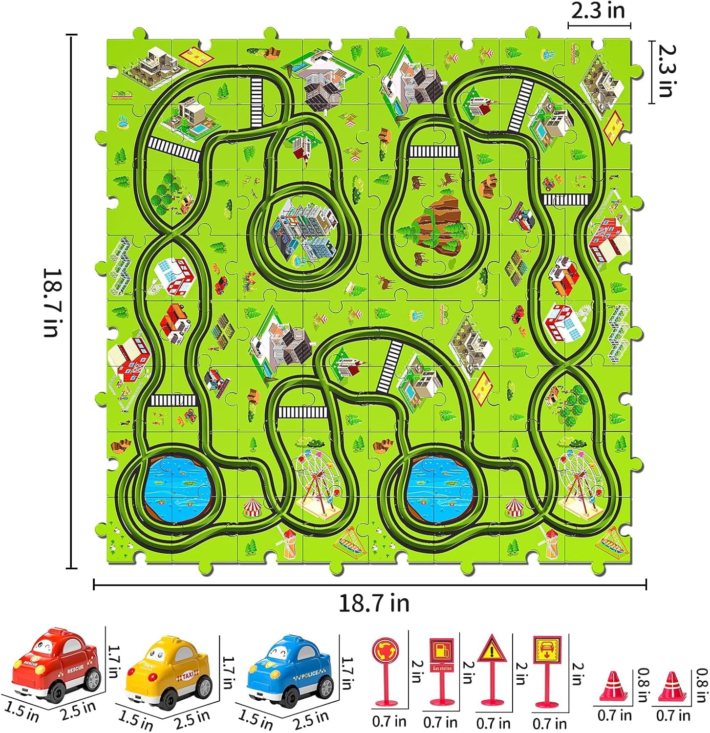 ConeWhale Puzzle Race Track Car Set City-Themed 64 Pieces with 3 Sliding Toy Cars for Ages 3+