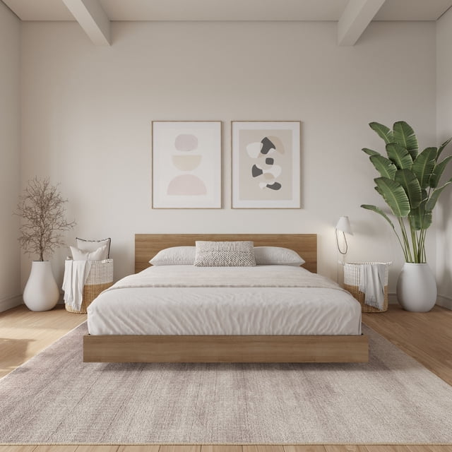 Nexera Satori Low Platform Queen Bed with Headboard, Brown Oak