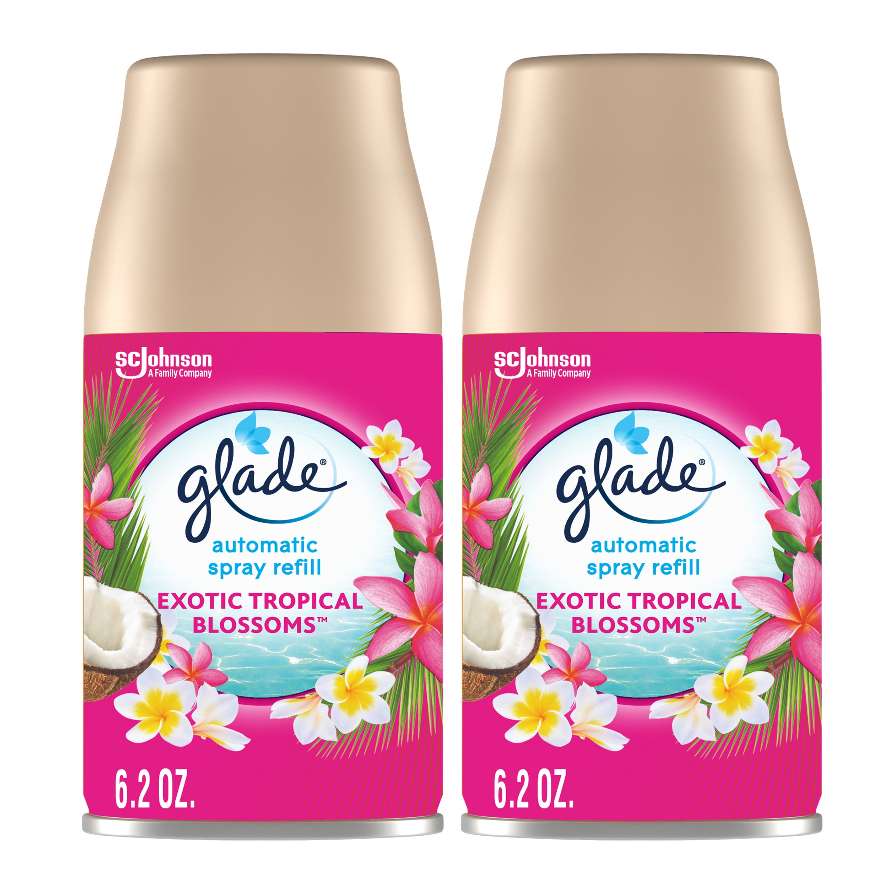 Glade Automatic Spray Refill 2 CT, Exotic Tropical Blossoms, 12.4 OZ. Total, Air Freshener Infused with Essential Oils