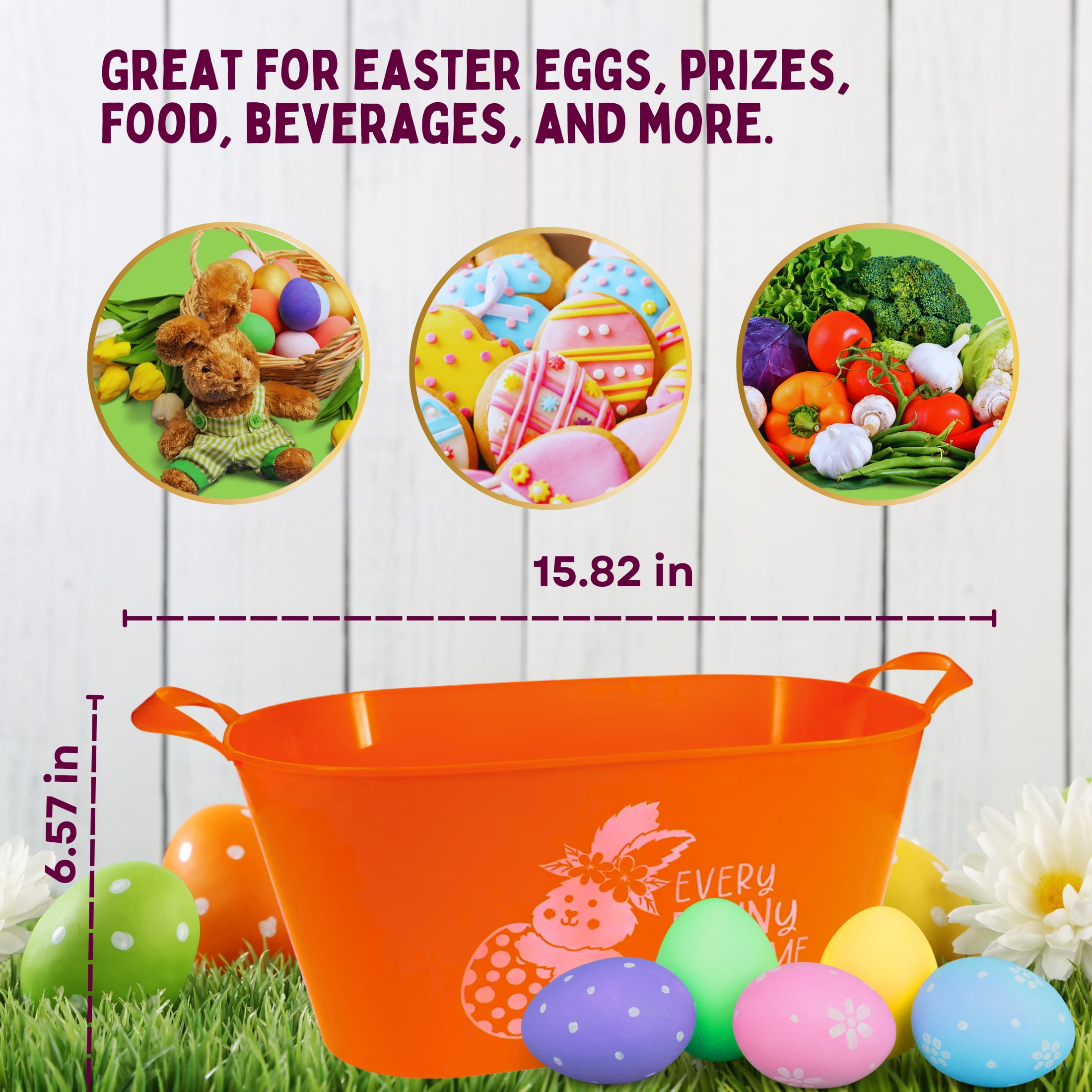 (4) Easter Printed Basket Set with Handles, 15.82x6.57 in. Plastic Spring-Themed Buckets Party Favors Treats Egg Hunts Container Holiday Baskets Decorative Box Gift Home Organizer Color May Vary