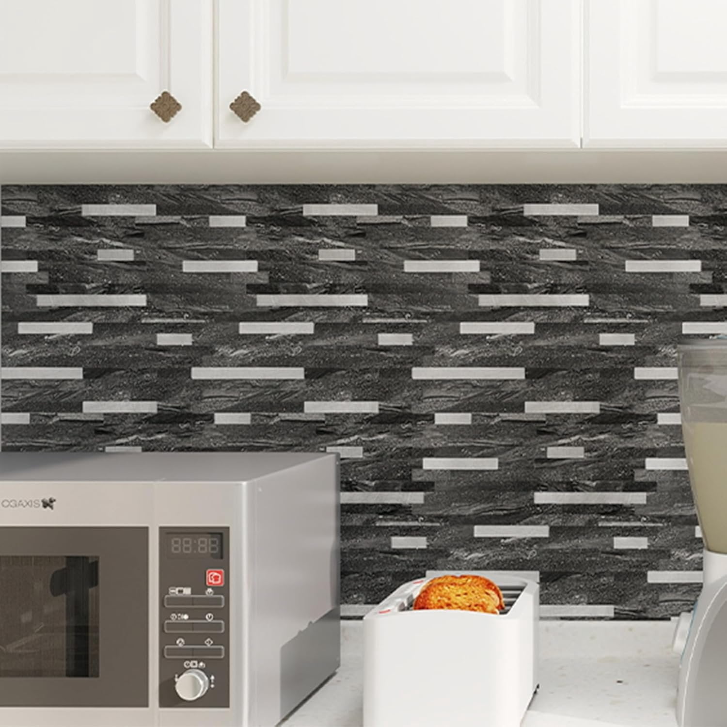 Peel and Stick Marble Backsplash Tile, 10 Sheets, Black Marble with  Embellished Stripes, Self-Adhesive Wall Tile for Kitchen, Bathroom, Fireplace, RV (11.4" x 10.6")