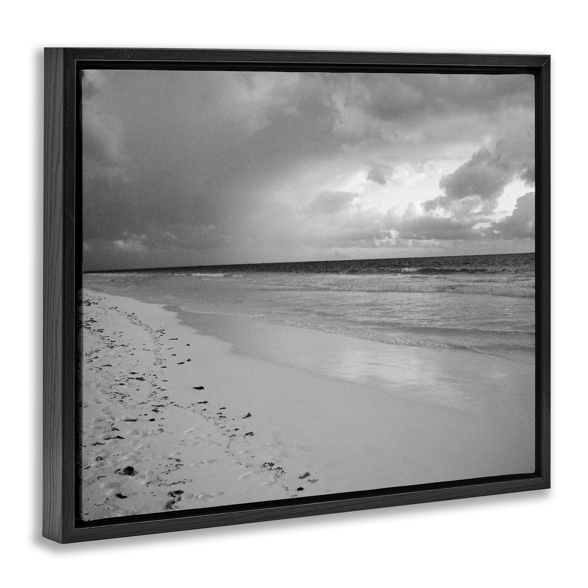 Stupell Industries Beach Shore with Footprints Coastal Photography Black Floater Framed Canvas Art Print Wall Art, 31 x 25